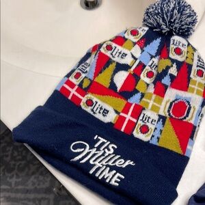 Blue Geometric Knit Beanie with Pom-Pom